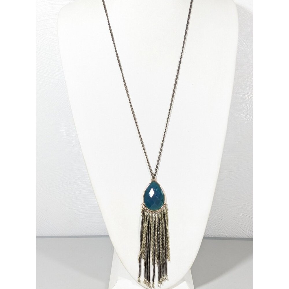 Ann Taylor LOFT Beachy Coastal Bronze Tone Blue Green Teardrop Long Necklace 30"